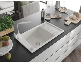 Mexen Elias, granitový drez granitový 795x480x200 mm, 1-komorový, biela s chrómovým sifónom a biela drezová batéria Rita, 6511-20-670300-20