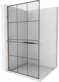 Mexen Kioto+ L, sprchová zástena Walk-In s poličkou a vešiakom 100 x 200 cm, 8mm číre sklo čierny vzor, ružové zlato profil, 800-100-123-60-77