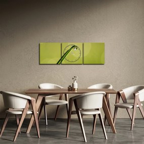 Obraz kvapky vody na tráve (s hodinami) (90x30 cm)