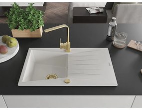 Mexen Cesar, granitový drez 775x470x190 mm, 1-komorový, biela so zlatým sifónom a zlatá drezová batéria Rita, 6514-20-670300-50
