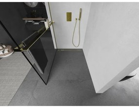 Mexen Kioto+ L, sprchová zástena Walk-In s poličkou a vešiakom 120 x 200 cm, 8mm číre sklo čierny vzor, zlatý lesklý profil,800-120-123-50-70