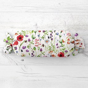 Biante Vankúš valec bonbon Sandra SA-608 Červeno-fialové lúčne kvety s motýlikmi a čmeliakmi na bielom 15x40 cm