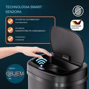 InternetovaZahrada Bezdotykový hranatý odpadkový kôš s USB 58l - čierny