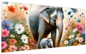 Obraz - Slonia mama, akvarel (120x50 cm)