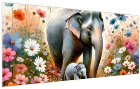 Obraz - Slonia mama, akvarel (120x50 cm)