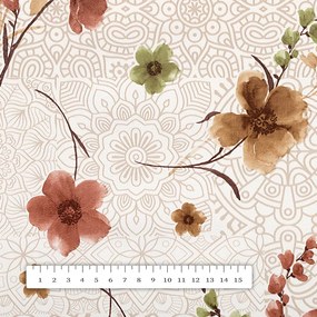 PVC obrus Hnedé kvety s ornamentami na bielom PV-210 - metráž š. 140 cm