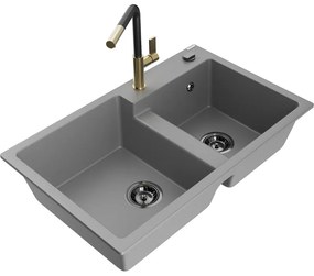 Mexen Tomas, 2-komorový granitový drez 800x500x190 mm a drezová batéria Flora, šedá, 6516-71-670401-57-B