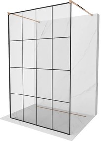 Mexen Kioto, priechodná sprchová zástena Walk-in 160 x 200 cm, 8mm číre sklo-čierny vzor, profil ružové zlato, 800-160-002-60-77