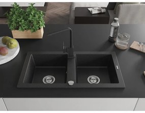 Mexen Mario, granitový drez 820x436x161 mm, 2-komorový, čierna-strieborná metalíza s chrómovým sifónom a čierna drezová batéria Rita, 6504-73-670300-70