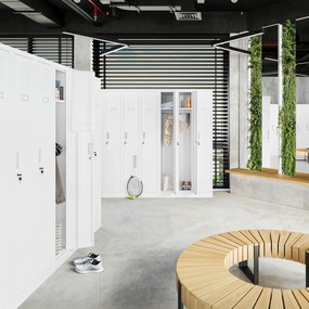 Kovová šatňová štvormodulová skriňa na sokli s policou KACPER II, 600 x 1800 x 500 mm, biela