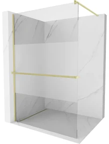 Mexen Kioto+, sprchová zástena Walk-In s poličkou a vešiakom 120 x 200 cm, 8mm číre sklo-námraza, zlatý matný profil, 800-120-121-55-35