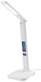 LED stolná lampa, bezdrôtové nabíjanie, voľba intenzity svetla, s displejom, hodiny, budík, teplomer, 4 W, biela