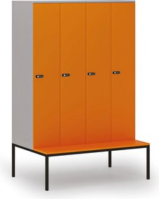 Drevená šatníková skrinka S4 s lavičkou, 4 oddiely, 1871 x 1200 x 500/800 mm, demont, mechanický kódový zámok, sivá/oranžová