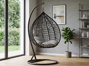 Čierne závesné kreslo KOKON so stojanom, bielo-sivý vankúš