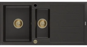 Mexen Andres granitový 1,5-komorový drez s odkvapkávačom 1000 x 500 mm Čierna/Zlatá metalíza, Sifón Zlatá - 6515101510-75-G