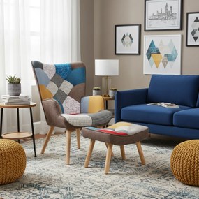 Kreslo ušiak CORDU + taburet — masív, látka, prírodná / patchwork