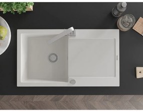 Mexen Leo, drez granitový 900x500x190 mm, 1-komorový, biely s chrómovým sifónom a chrómová drezová batéria Rita, 6501-20-670300-00