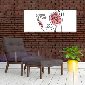Obraz - Line art tvár s ružou (120x50 cm)