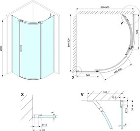 Polysan Polysan, THRON SQUARE štvrťkruhová sprchová zástena 900x900mm, číre sklo, pravá, TL2690R-5002