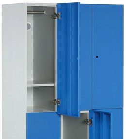 Šatníková skrinka S1 s úložnými boxmi, 6 boxov, 1850 x 900 x 500 mm, demont, otočný zámok, modré dvere