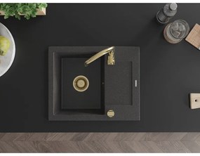 Mexen Enzo, granitový drez 576x465x174 mm, 1-komorový, zlatá batéria Telma, čierna škvrnitá, 6506-76-670200-50