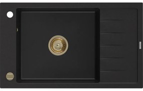 Mexen Elias, granitový drez granitový 795x480x200 mm, 1-komorový, čierna so zlatým sifónom, 6511791005-77-G