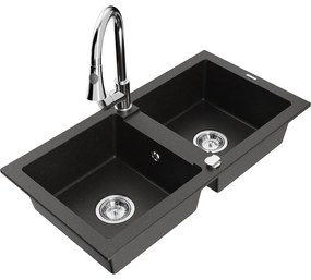 Mexen Mario, 2-komorový granitový drez 820x436x161 mm a drezová batéria Elia, čierna-zlatá metalíza, 6504-75-670101-00