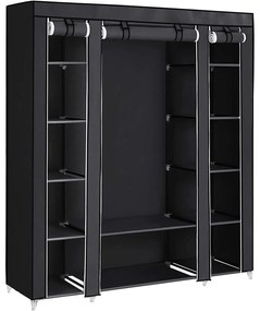 Látková skriňa, šatník, mobilná skriňa, 12 políc, 150 x 45 x 175 cm, čierna