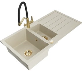Mexen Andres, granitový drez 1000x500x200 mm, 1,5-komorový a drezová batéria Duo, béžová, 6515-69-671701-57-G