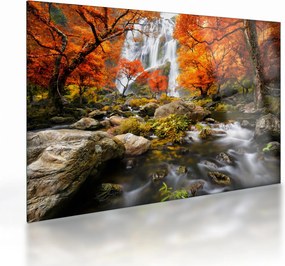 Sklenený obraz - Vodopády v oranžovom lese (70x50 cm)