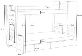 Detská poschodová posteľ z masívu borovice s rozšíreným spodným lôžkom SAVANA so šuplíkmi - 200x90/140 cm - PRÍRODNÁ BOROVICA