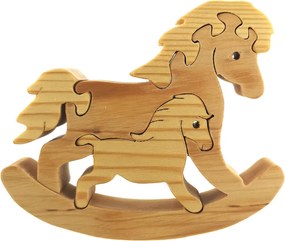AMADEA Drevené puzzle hojdací kôň, masívne drevo dvoch druhov drevín, 13,5x11,5x3 cm