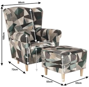 Kondela Kreslo, ušiak s taburetom, hnedozelená vzor látka, ASTRID