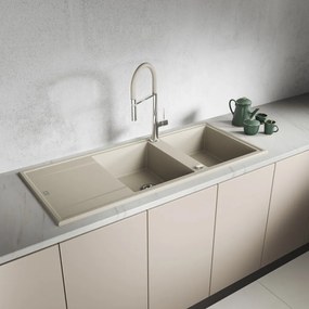 Laveo Megalo, 2-komorový granitový drez 1160x500x185 mm s dlhým odkvapávačom, béžová, LAV-SBE_421T