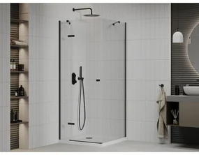 Mexen Roma, sprchovací kút s 1-krídlovými dverami 90 (dvere) x 90 (stena) cm, 6mm číre sklo, čierny profil, slim sprchová vanička 5cm biela s čiernym sifónom, 854-090-090-70-00-4010B