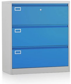 Dvojradová kovová kartotéka A4 - 3 zásuvky, 90 x 45 x 102 cm, cylindrický zámok, modrá - ral 5012