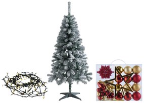 Livarno home Zasnežený umelý vianočný stromček, 150 cm + Svetelná LED reťaz, teplá biela + Ozdoby, červené/zlaté  (800010997)