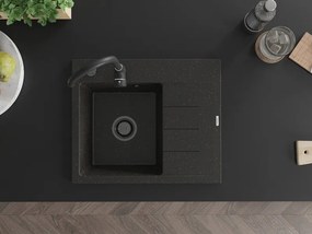 Mexen Ben, 1-komorový granitový drez 600x500x190 mm, ľavý + čierny sifón, čierna-zlatá metalíza, 6522605000-75-B