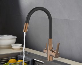 Invena Magic, stojanková drezová batéria s flexibilným ramenom a filtrom na pitnú vodu, čierna-medená matná, INV-BZ-02-F15-V