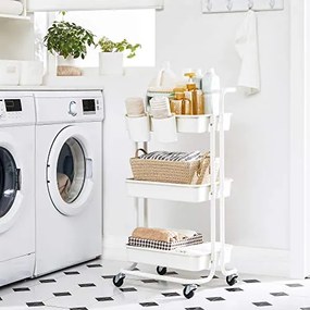 Mobilný vozík na kolieskach s 3 úložnými policami, s rukoväťou, biely