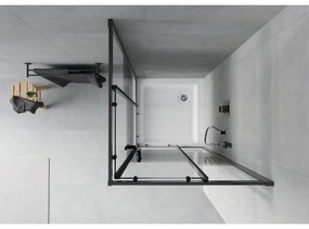 Mexen Rio, štvorcový sprchovací kút s posuvnými dverami 70(dvere) x 70(dvere) x 190 cm, 6mm číre sklo s pásikmi, čierny profil + biela sprchová vanička RIO, 860-070-070-70-20-4510