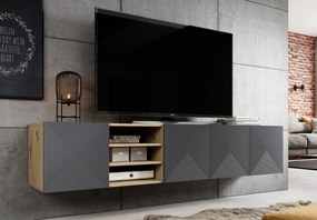 Závesná TV skrinka Asha 200 cm s ryhovaným čelom a výklenkom - dub artisan / rivier stone mat