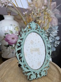 Zelený antik kovový oválny fotorámik so zdobením - 14*2*18 cm / 9*13 cm