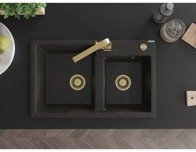 Mexen Tomas, granitový drez 800x500x190 mm, 2-komorový a zlatá batéria Rita, čierna-zlatá metalíza, 6516-75-670300-50