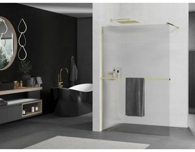 Mexen Kioto, sprchová zástena s poličkou a vešiakom na uteráky 140 x 200 cm, 8mm sklo s rebrovým vzorom, zlatý profil, 800-140-121-50-09