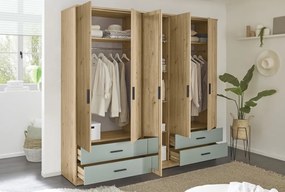 Šatníková skriňa so zrkadlom Savina 225 cm, dub artisan/šalviová