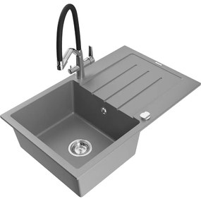 Mexen Bruno, 1-komorový granitový drez 795x495x200 mm a drezová batéria Duo, šedá, 6513-71-671701-07