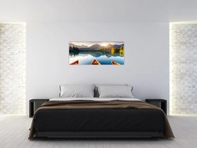 Obraz - Jazero s loďkami (120x50 cm)
