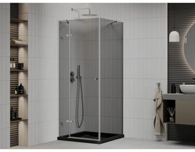 Mexen Roma, sprchový kút s krídlovými dverami 90 (dvere) x 90 (stena) cm, 6mm šedé sklo, chrómový profil + slim sprchová vanička čierna + chrómový sifón, 854-090-090-01-40-4070