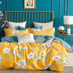Žlté bavlnené posteľné obliečky s kvetinovým motívom 3 časti: 1ks 200x220 + 2ks 70 cmx80